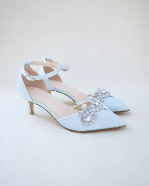 Light Blue Satin Pointy Toe Low Heels with Rhinestones Applique