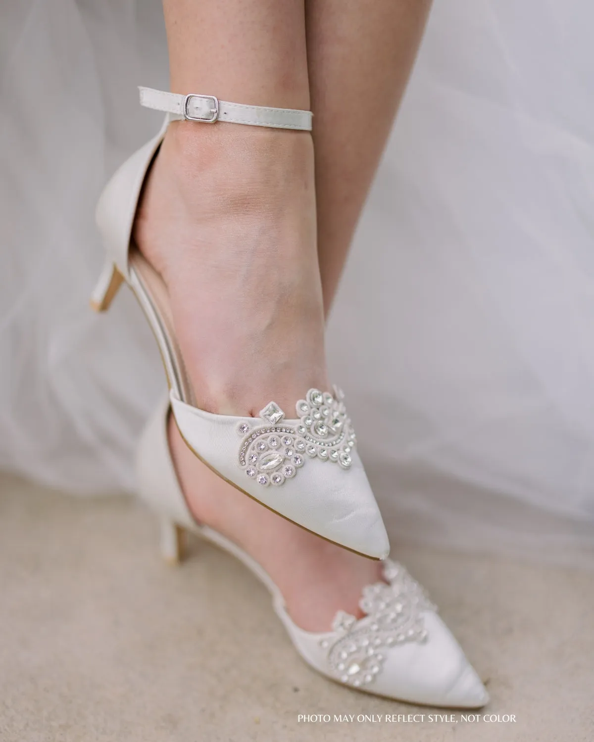 Light Blue Satin Pointy Toe Low Heels with Rhinestones Applique