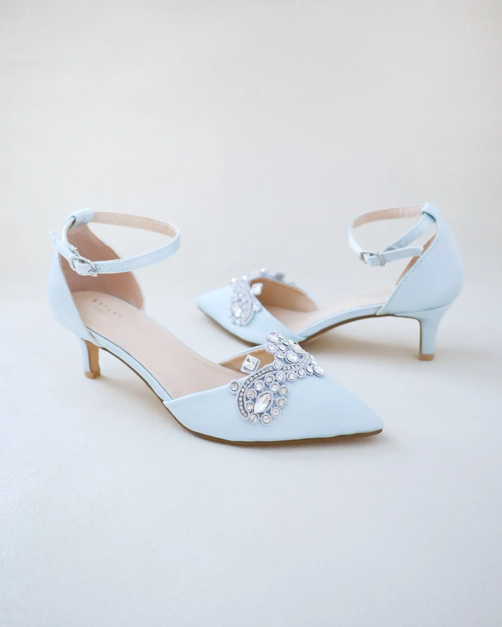 Light Blue Satin Pointy Toe Low Heels with Rhinestones Applique