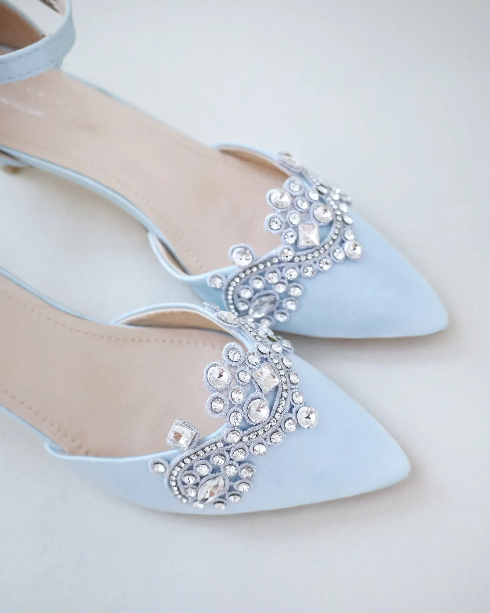 Light Blue Satin Pointy Toe Low Heels with Rhinestones Applique