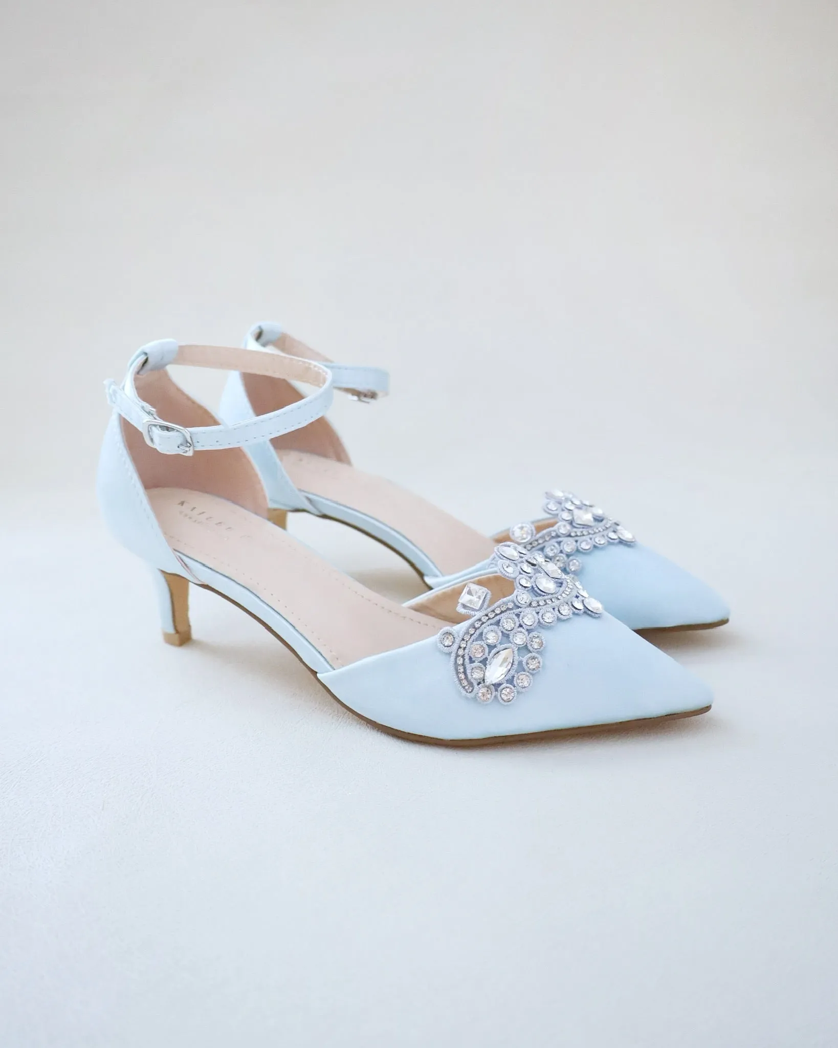 Light Blue Satin Pointy Toe Low Heels with Rhinestones Applique