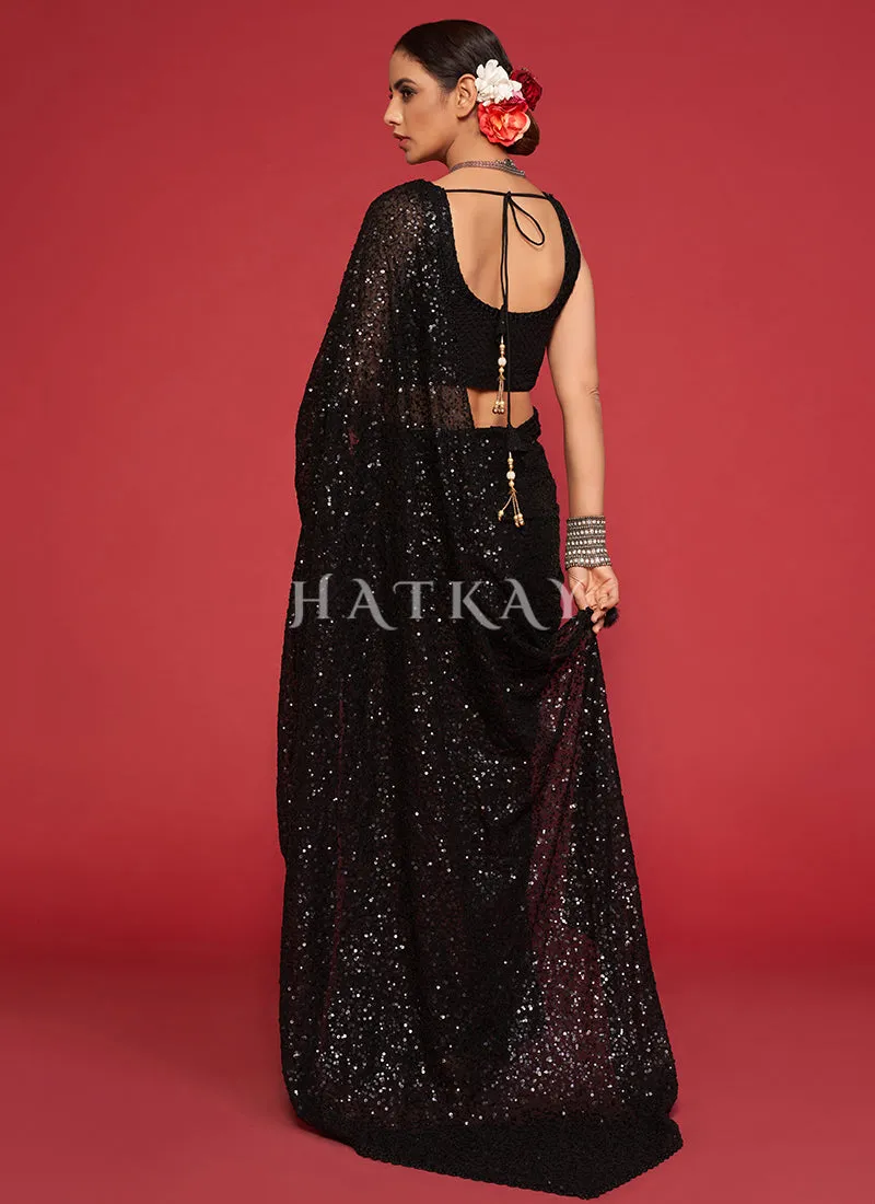 Midnight Black Sequins Embroidery Georgette Saree