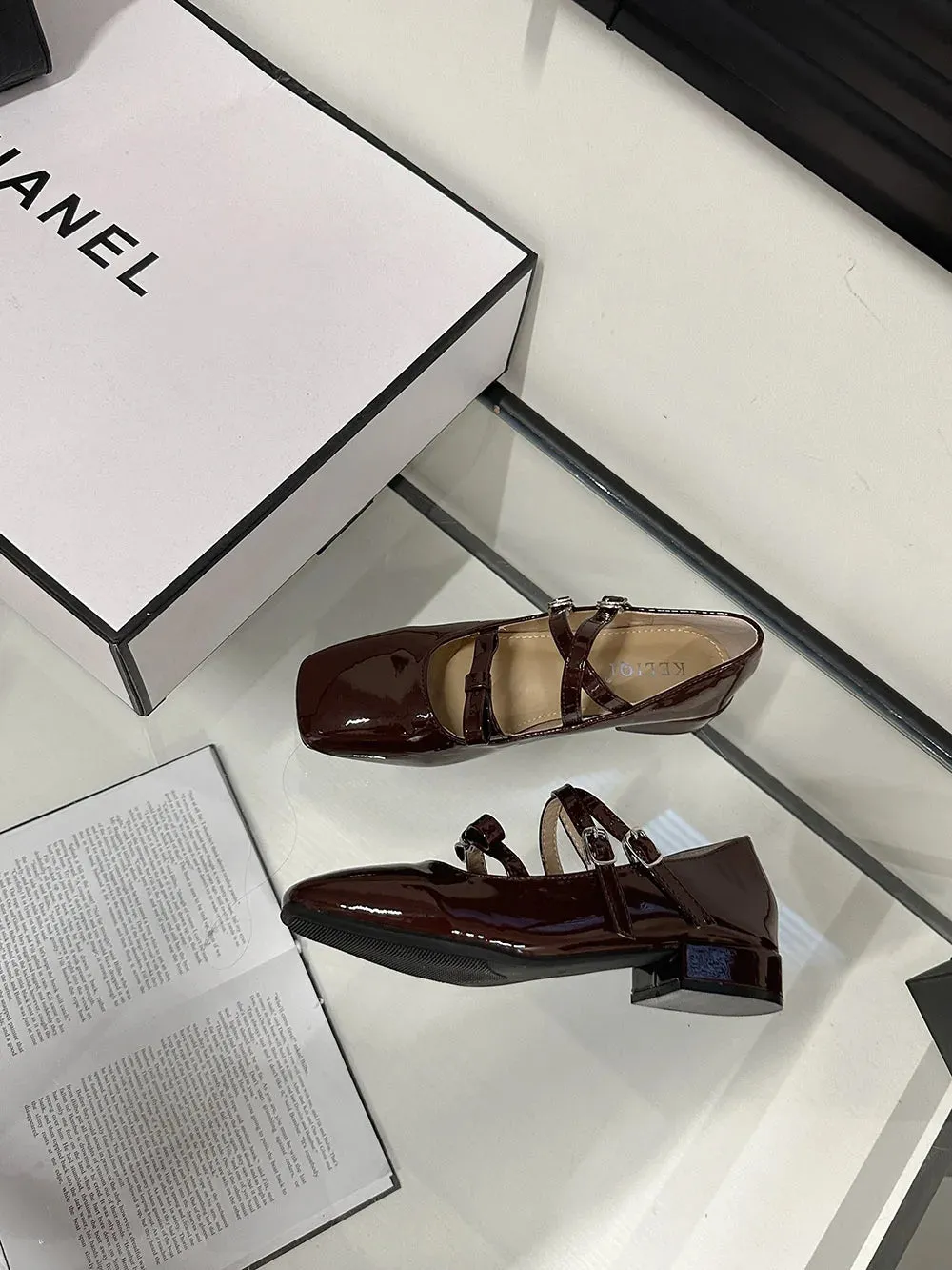 Mqtime Round Toe Women Flat Loafers Patent Leather Belt Buckle  New Arrivals Dance Shoes Shallow Slip On Mules Shoes Party Pumps 39