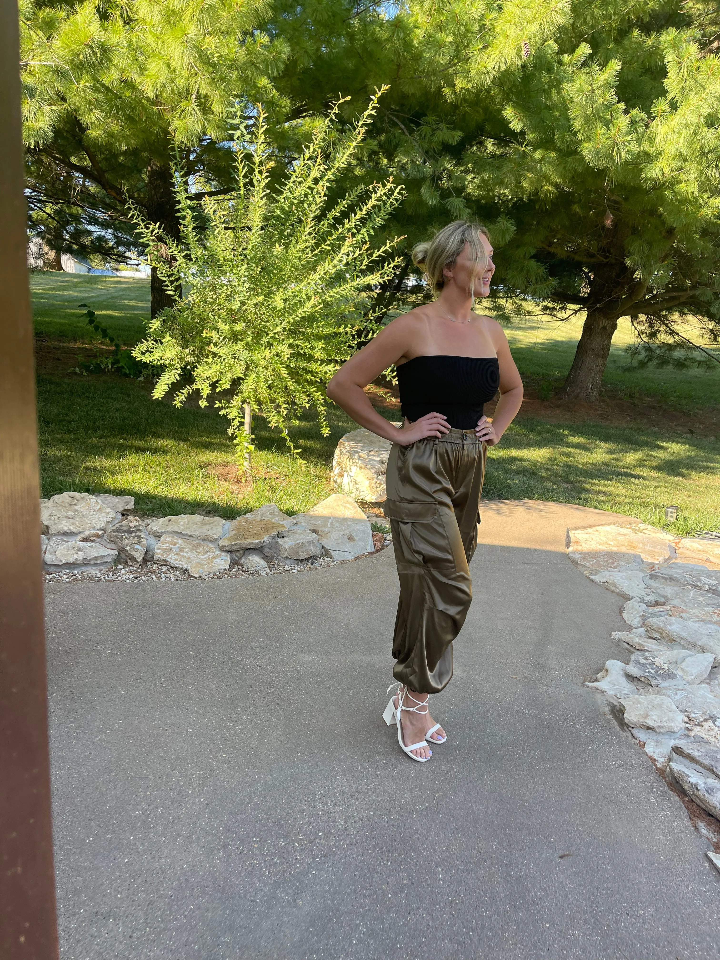 Olive Satin Parachute Cargo Pants