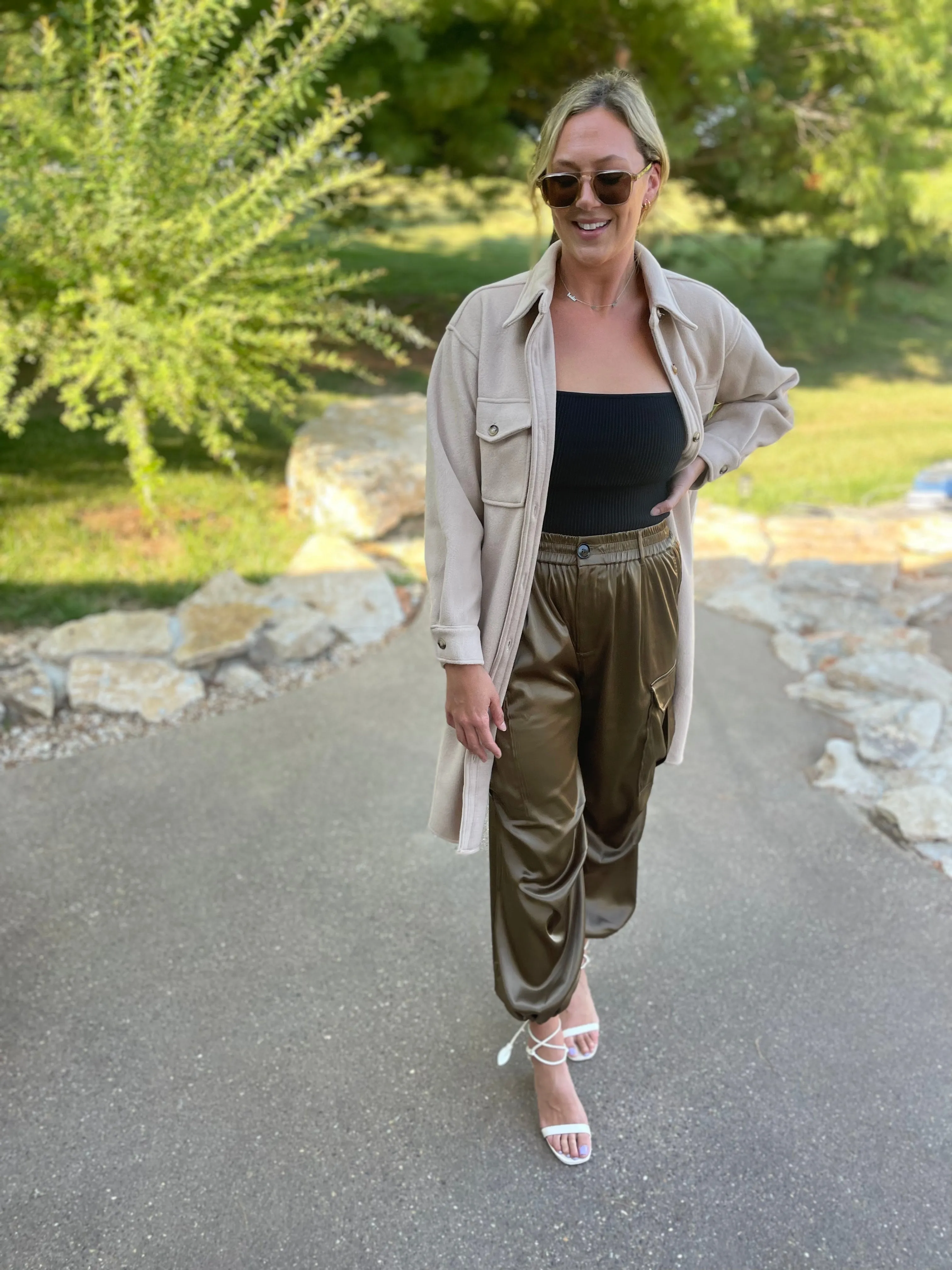 Olive Satin Parachute Cargo Pants