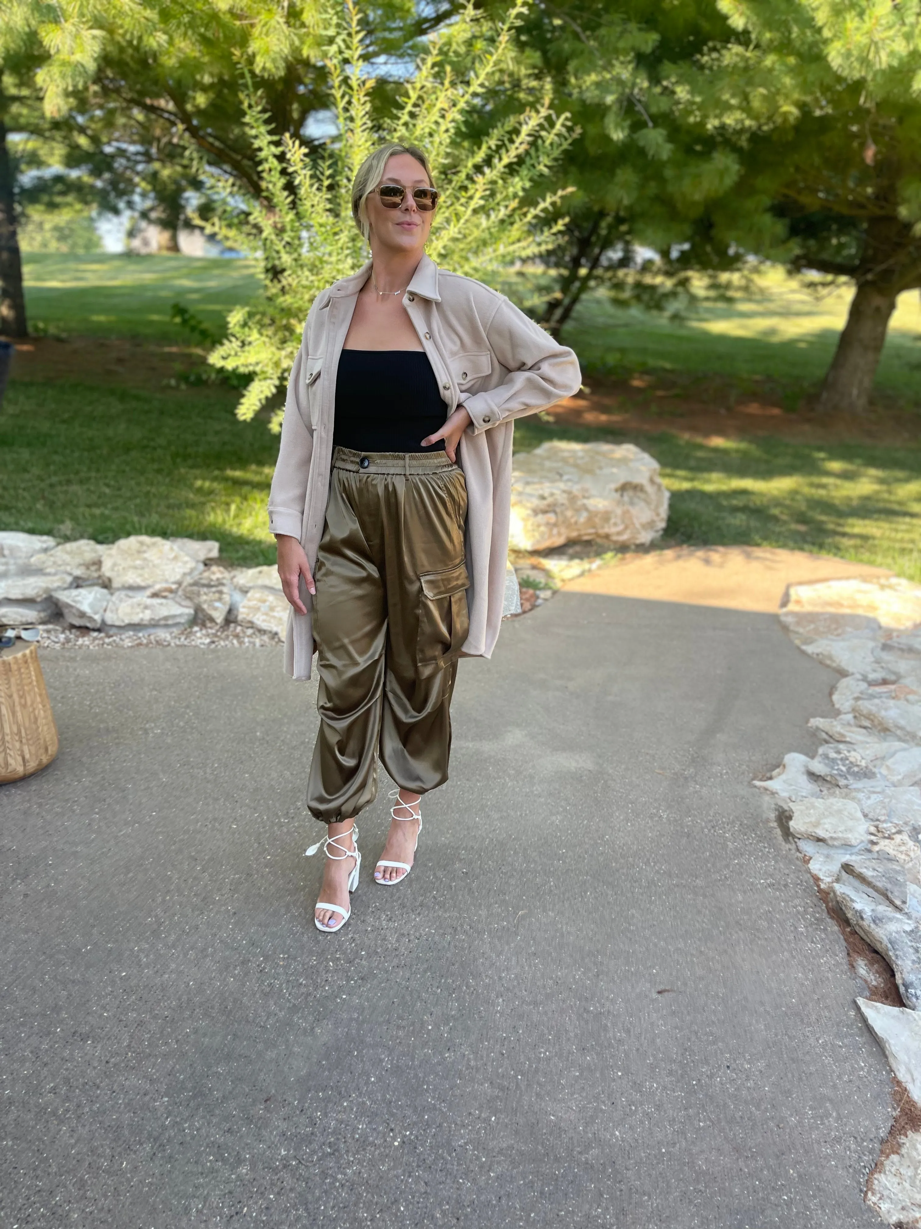 Olive Satin Parachute Cargo Pants