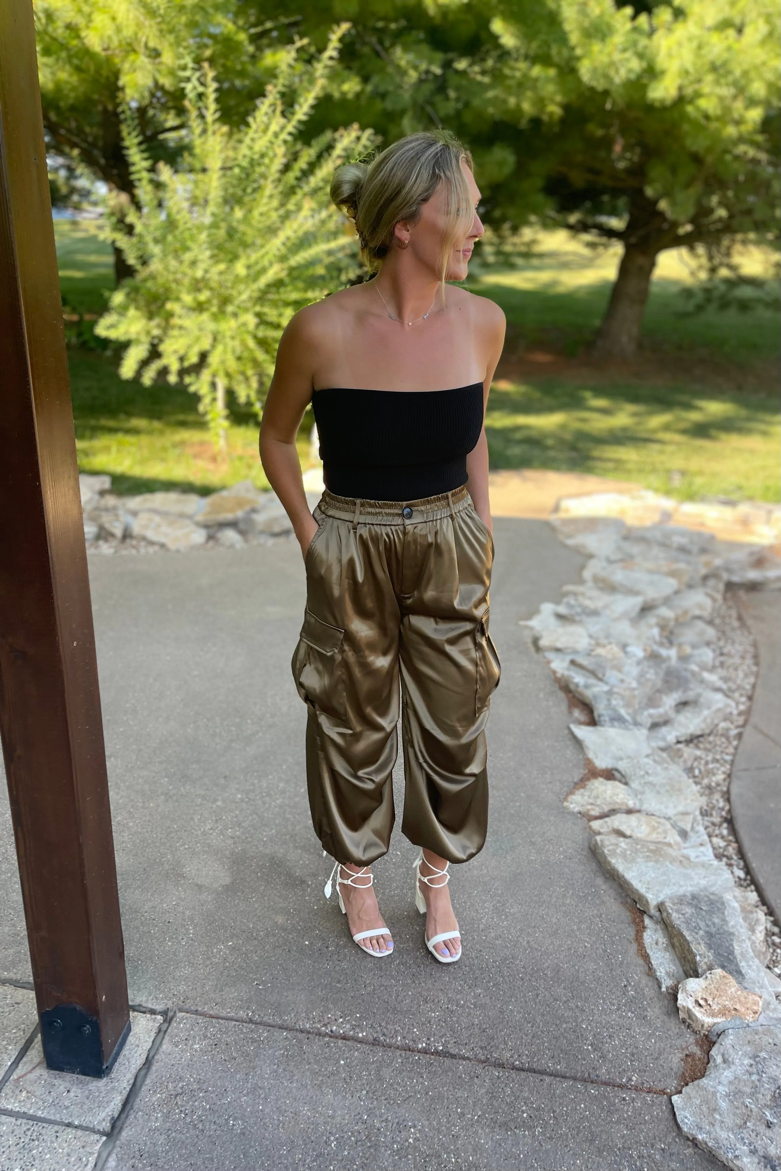 Olive Satin Parachute Cargo Pants