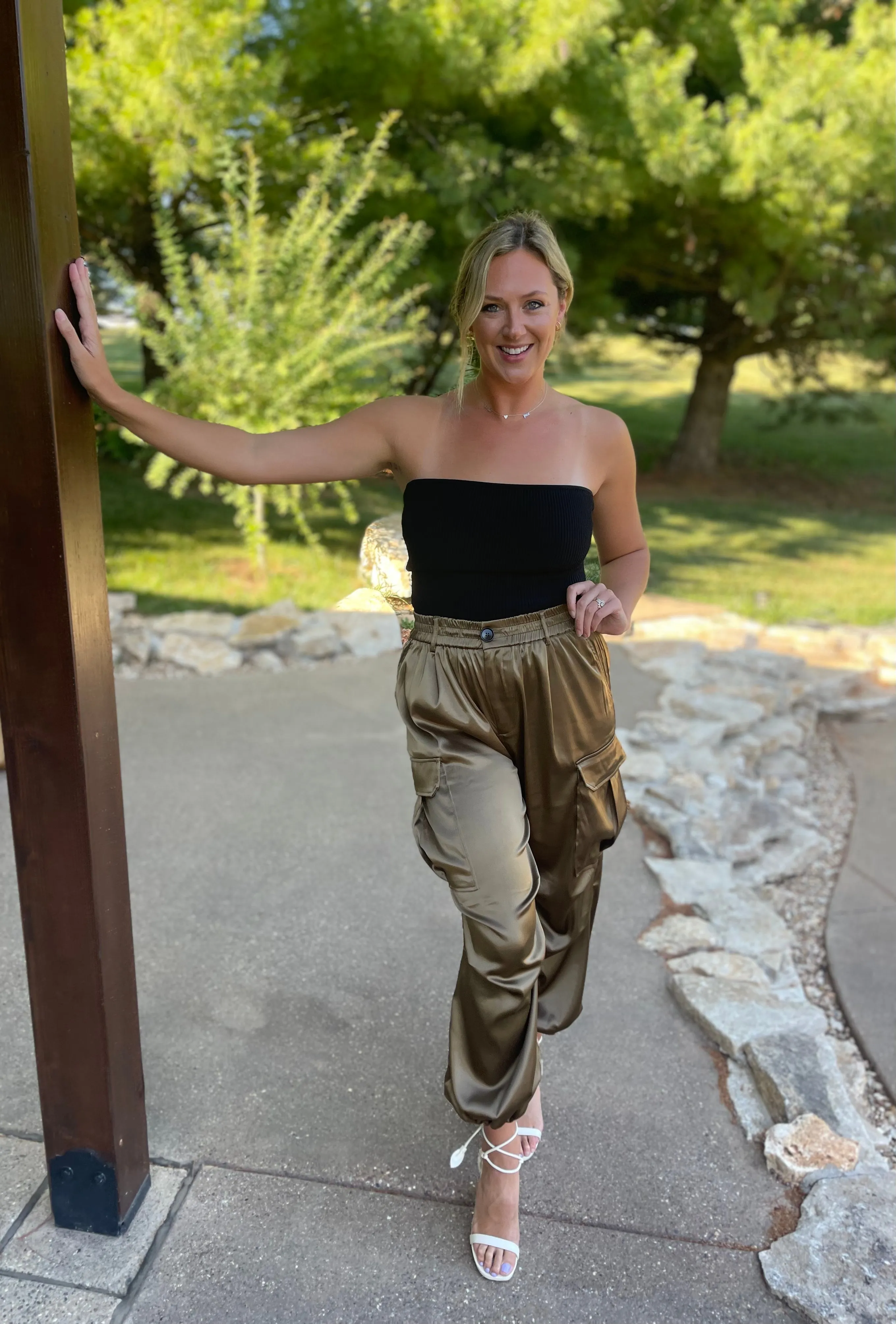 Olive Satin Parachute Cargo Pants