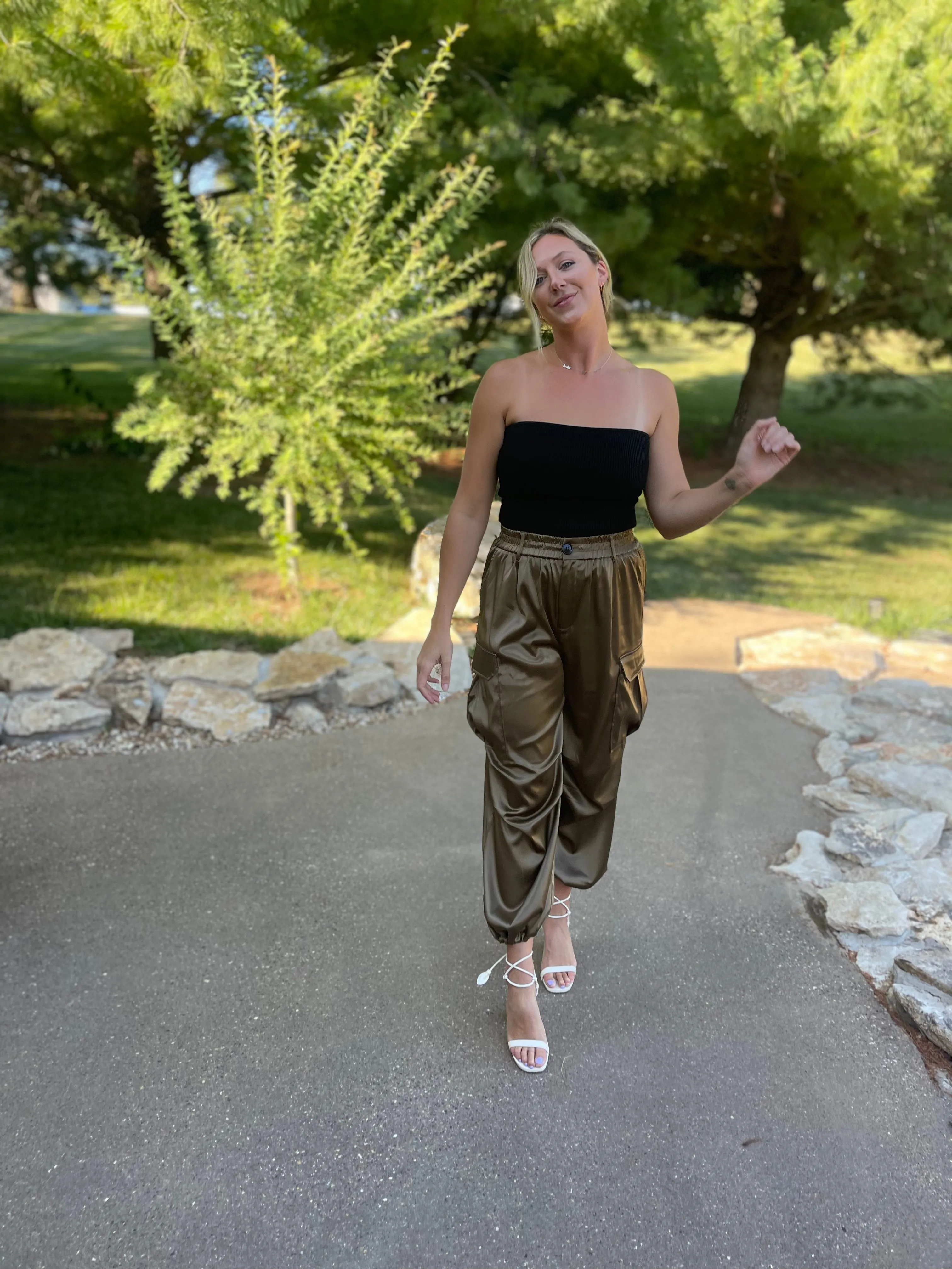 Olive Satin Parachute Cargo Pants