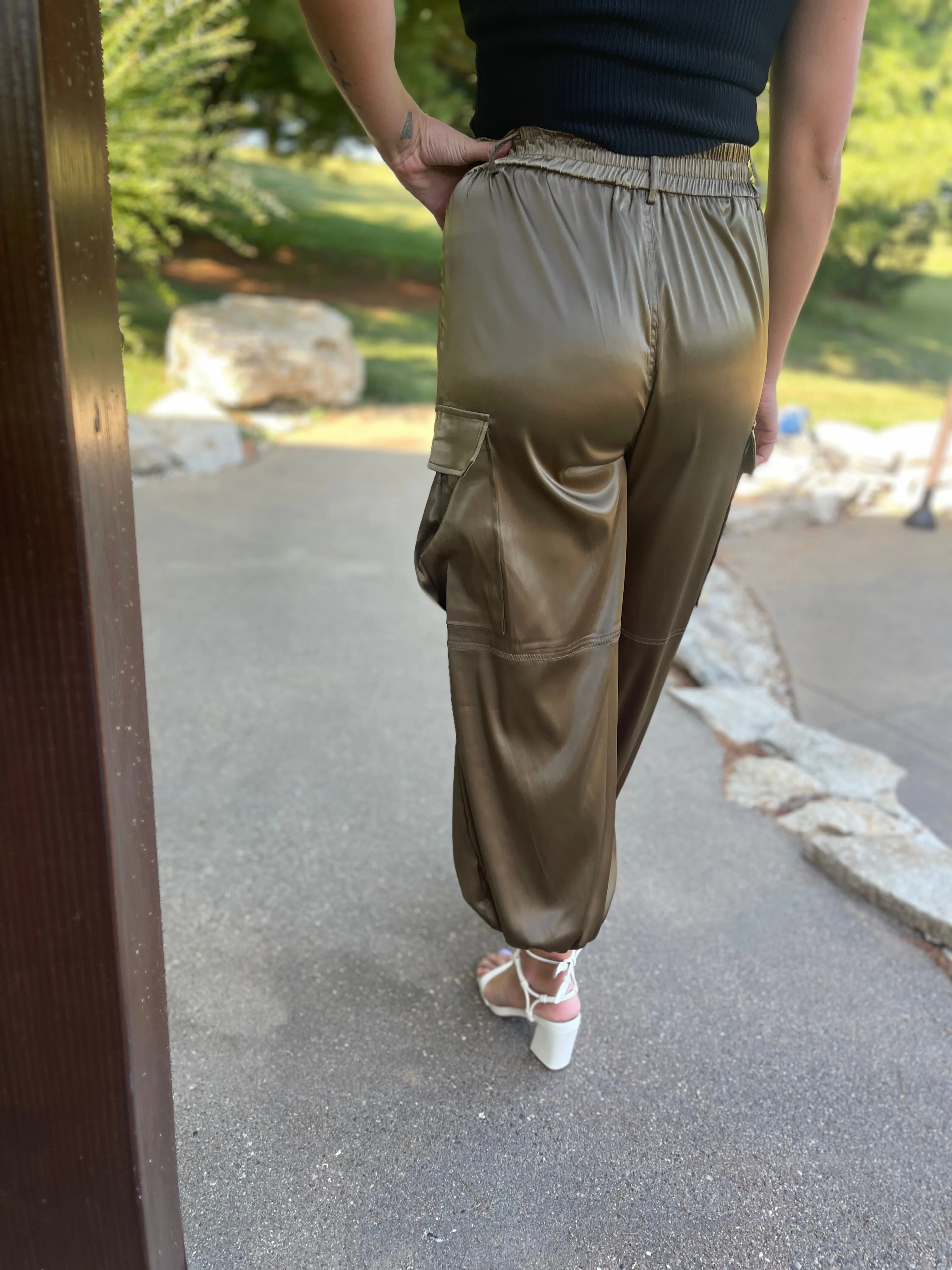 Olive Satin Parachute Cargo Pants