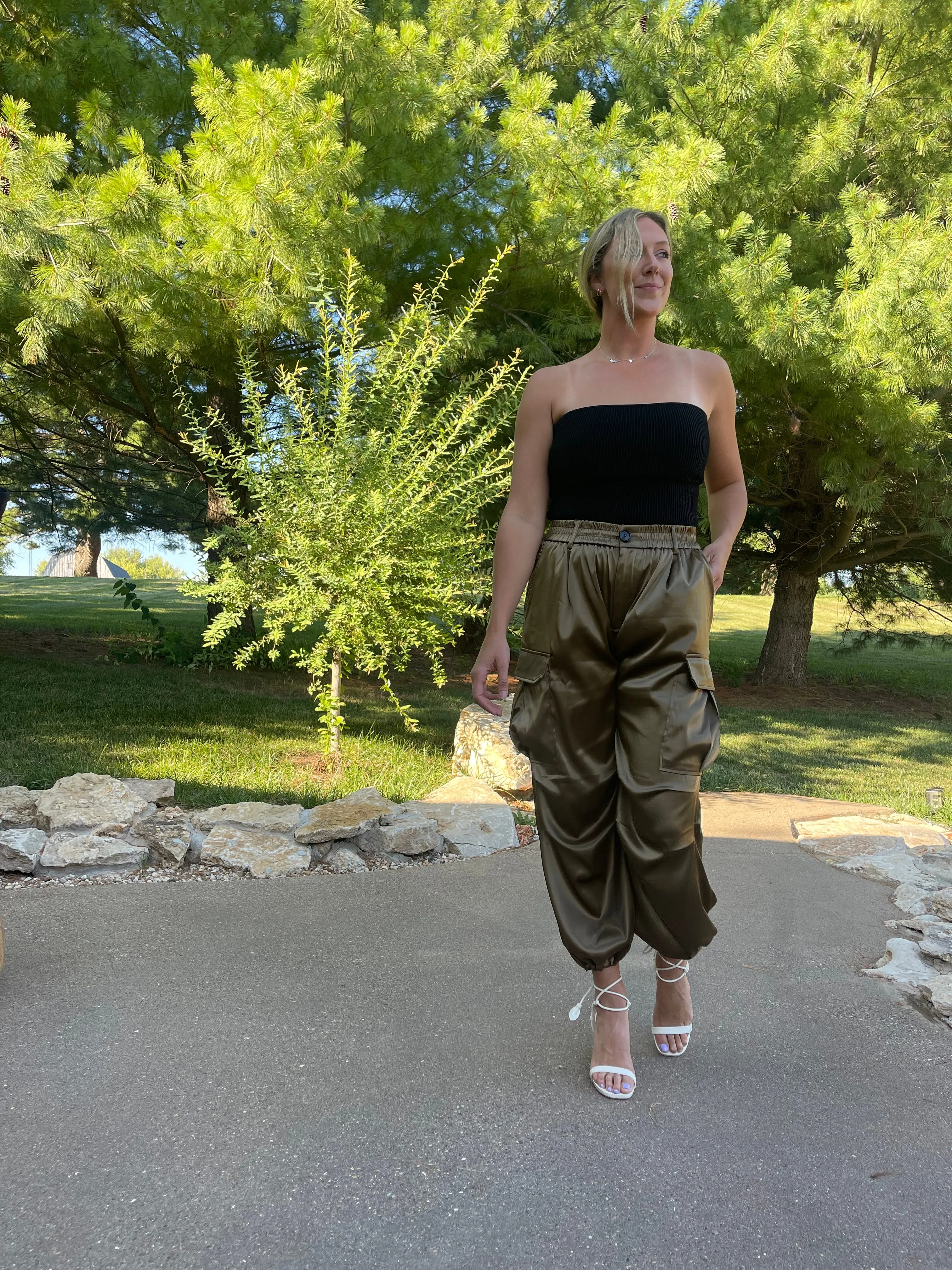 Olive Satin Parachute Cargo Pants