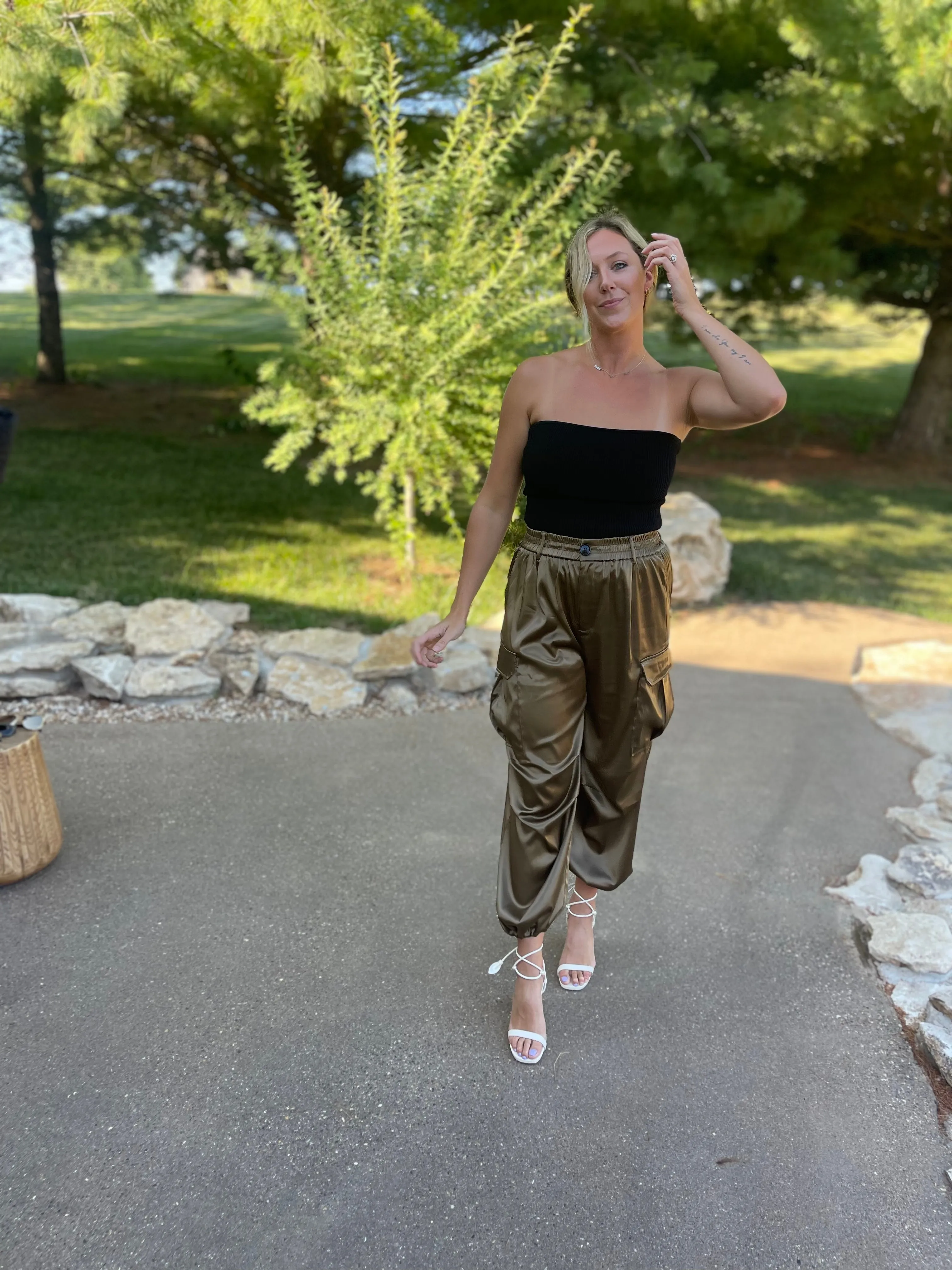 Olive Satin Parachute Cargo Pants