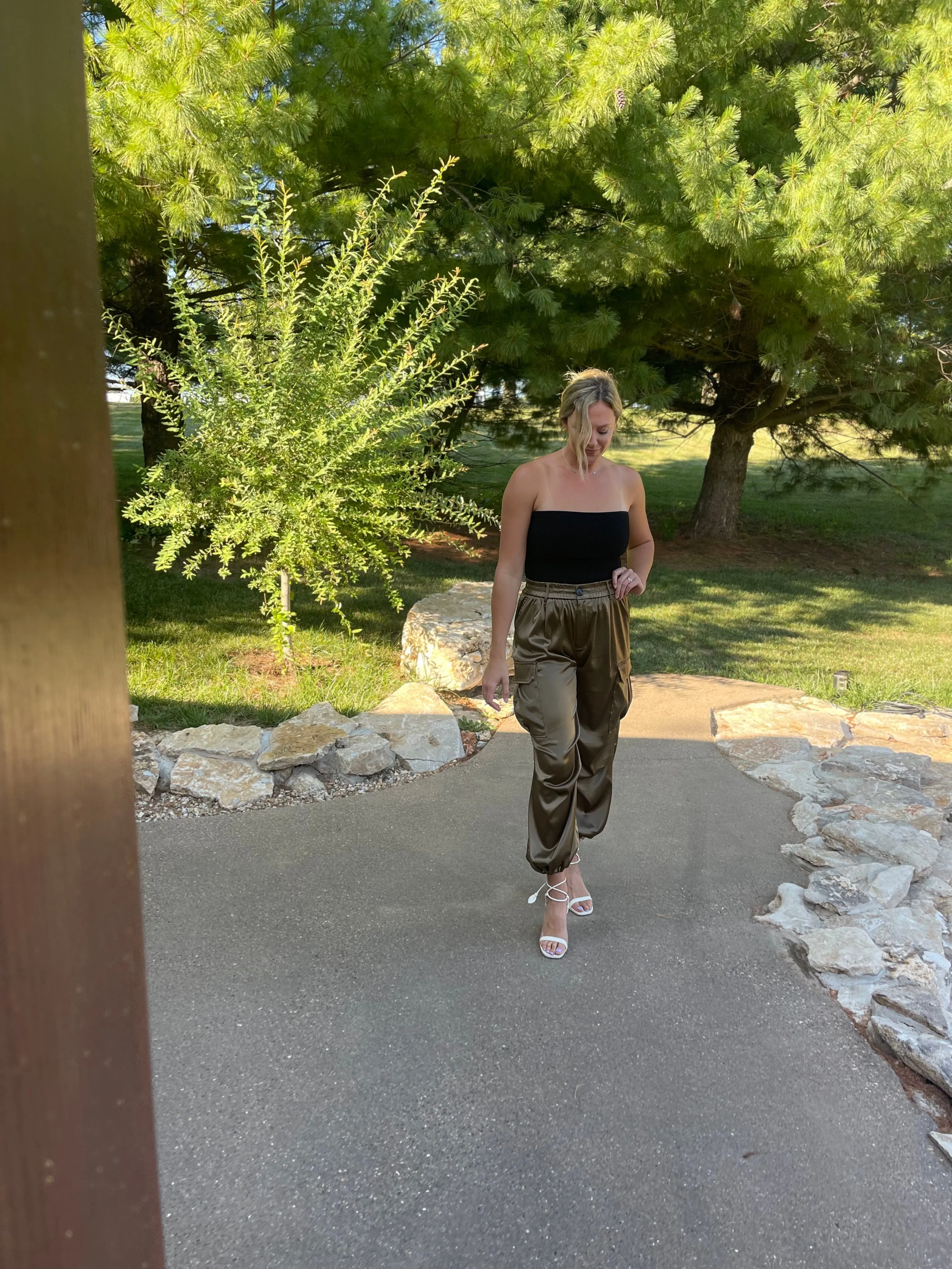 Olive Satin Parachute Cargo Pants