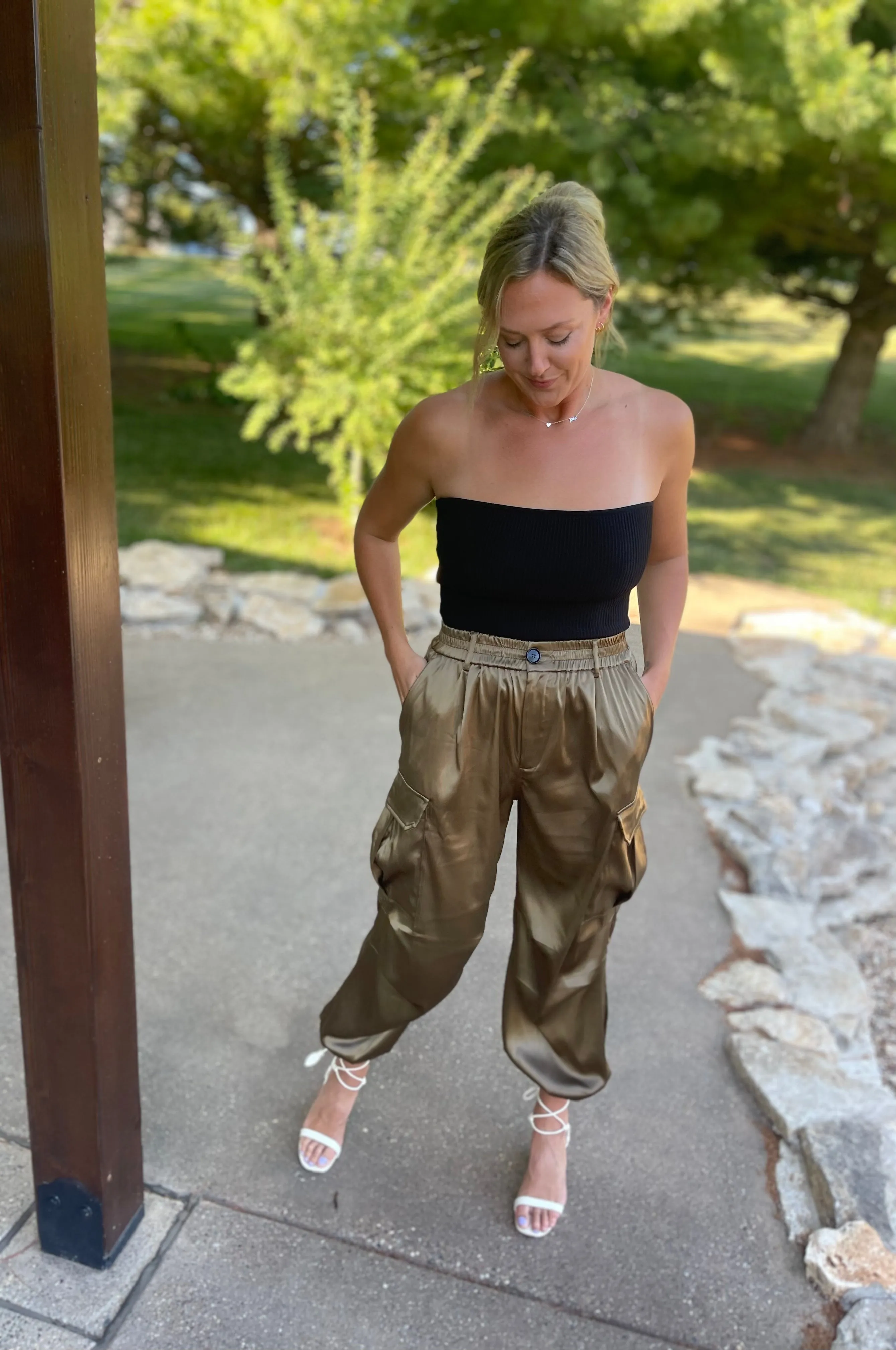 Olive Satin Parachute Cargo Pants