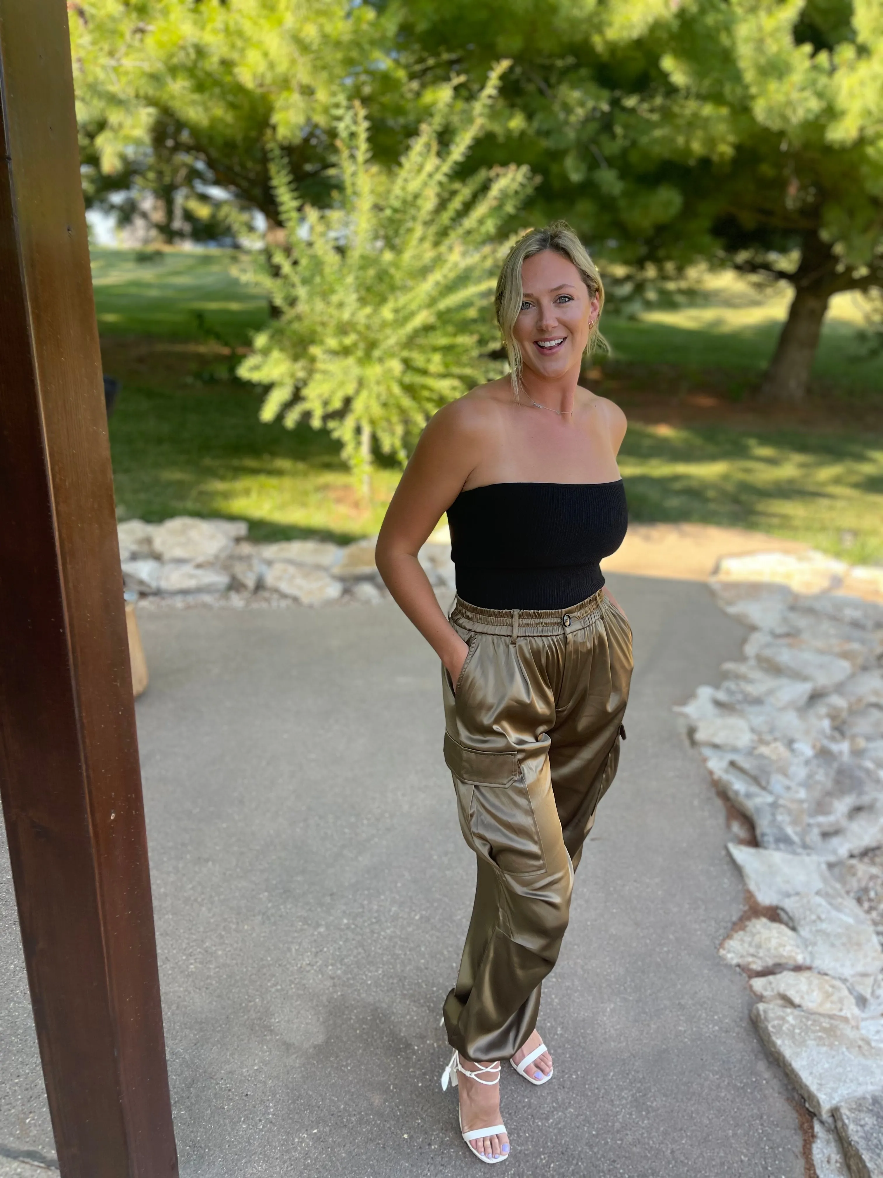Olive Satin Parachute Cargo Pants