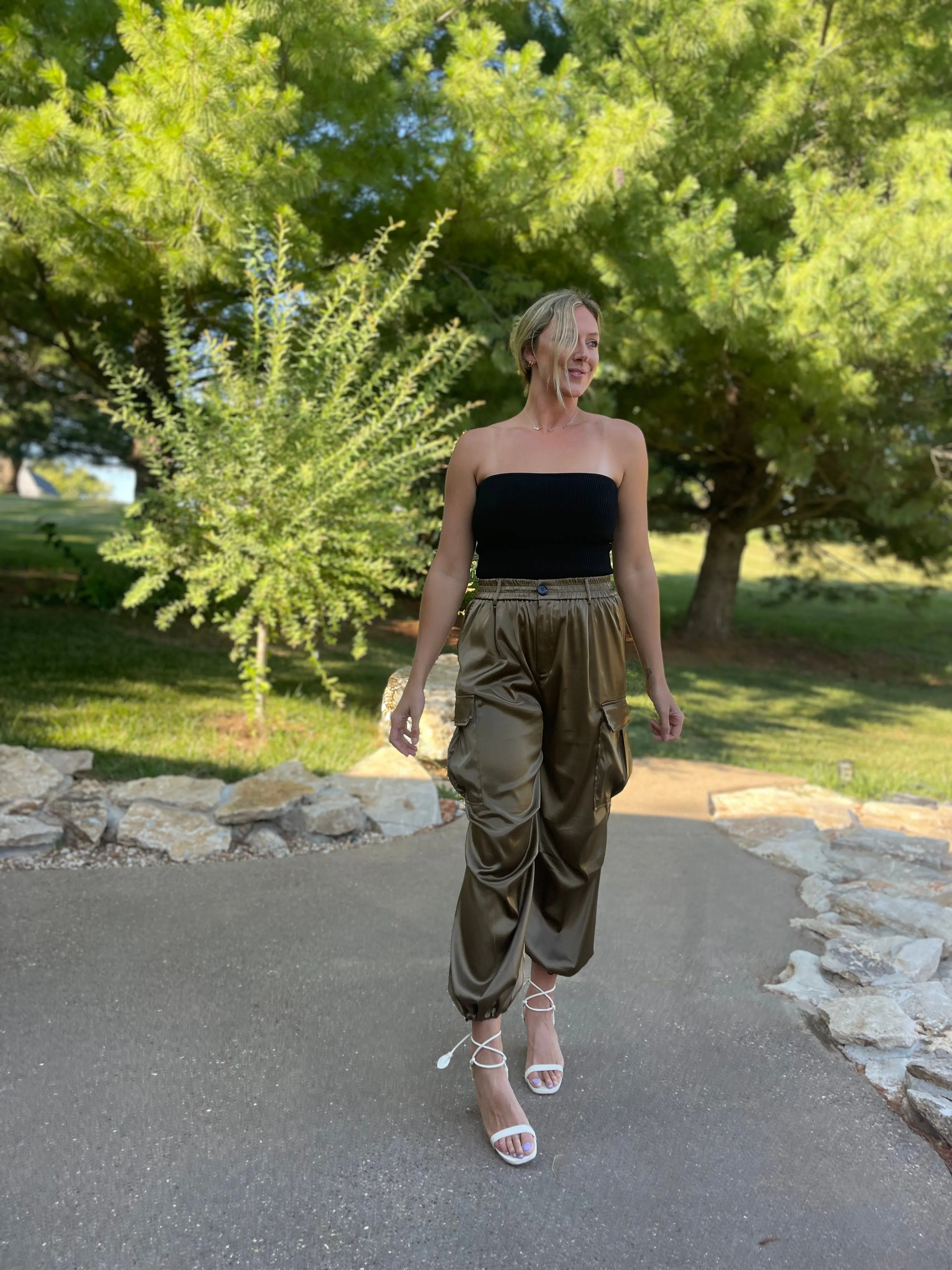 Olive Satin Parachute Cargo Pants