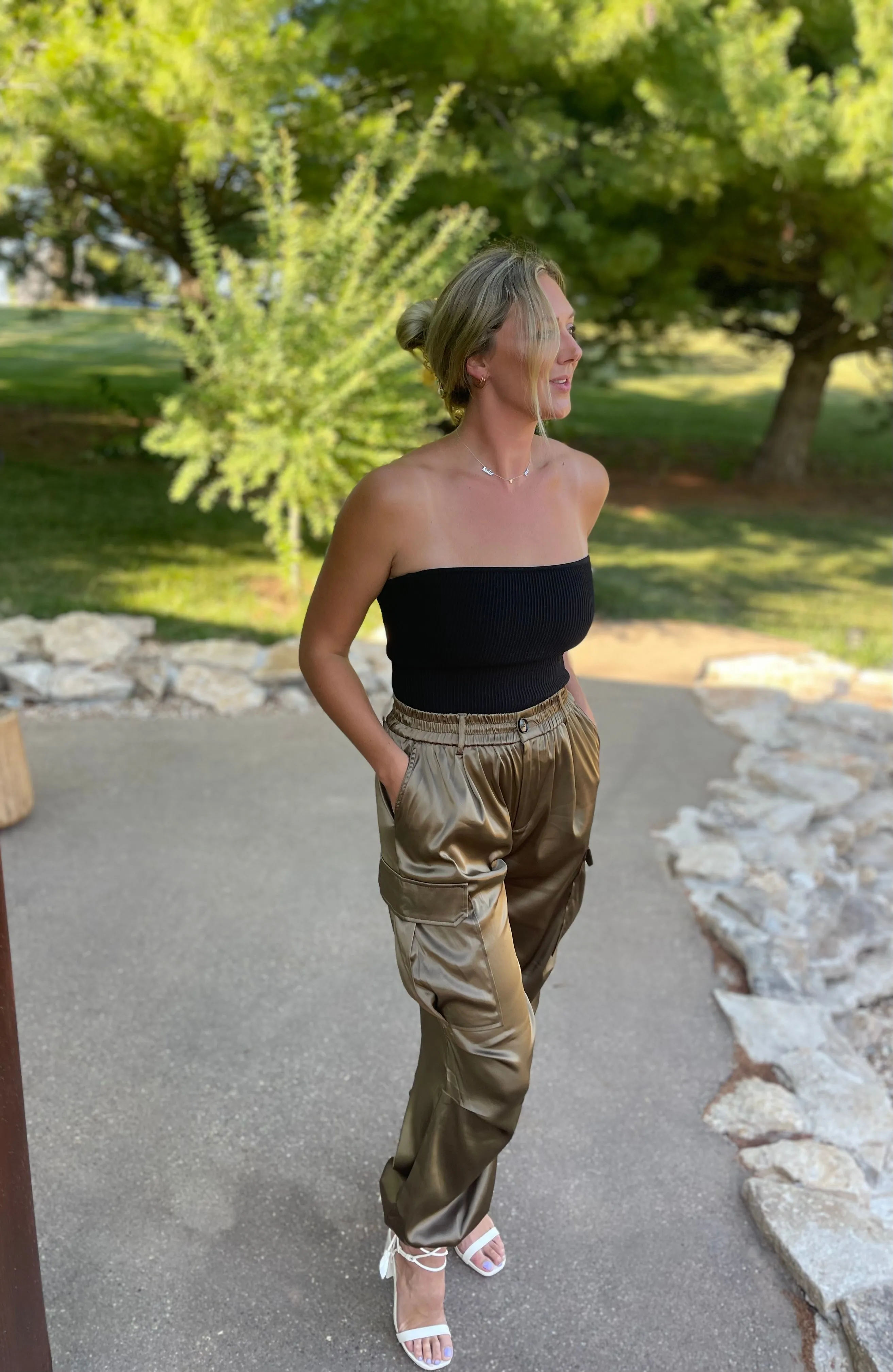 Olive Satin Parachute Cargo Pants
