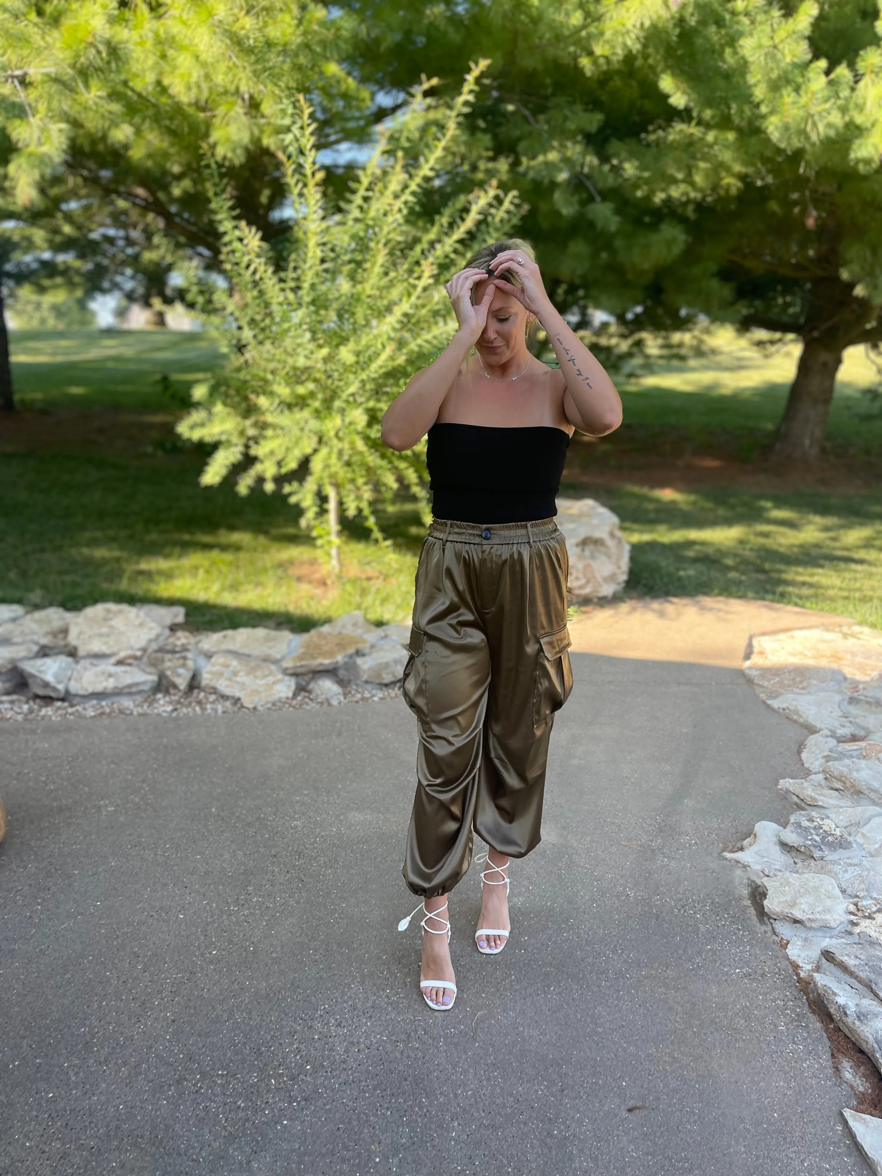 Olive Satin Parachute Cargo Pants