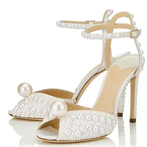 Peep Toe Pearl Ankle Wrap High Heels