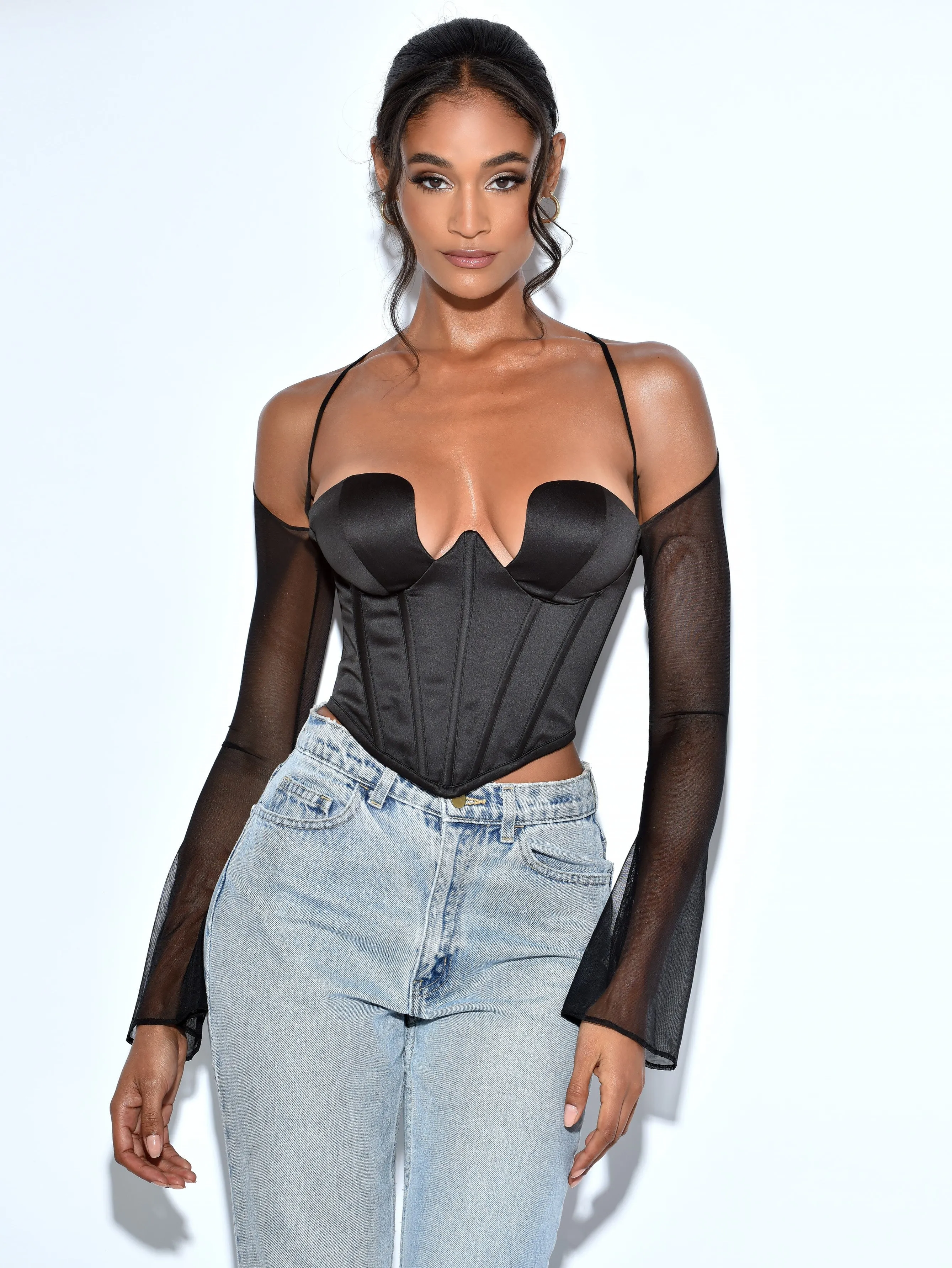 Pixie Black Mesh Sleeve Graceful Halter Corset Satin Top