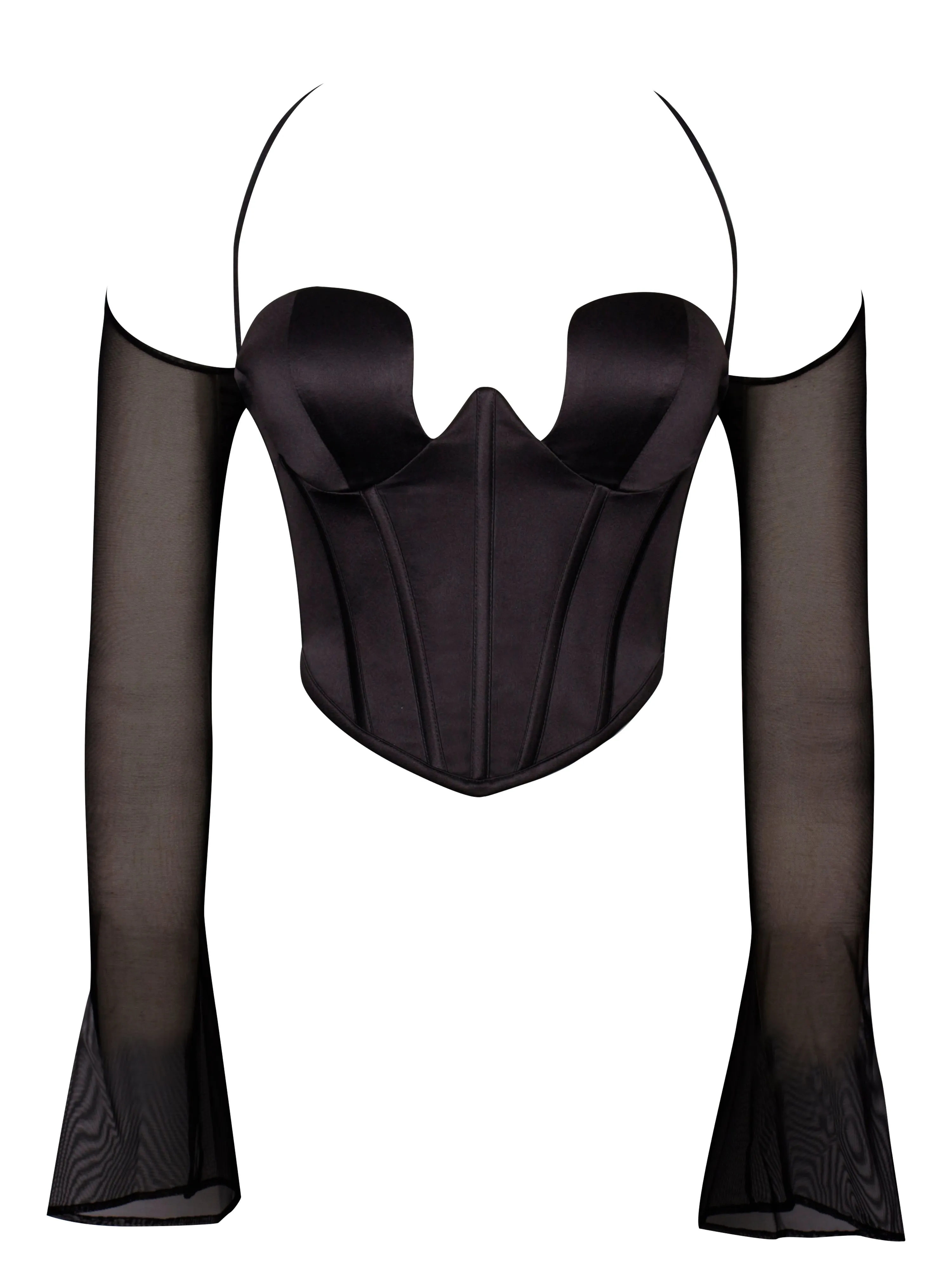 Pixie Black Mesh Sleeve Graceful Halter Corset Satin Top