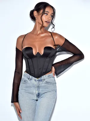 Pixie Black Mesh Sleeve Graceful Halter Corset Satin Top