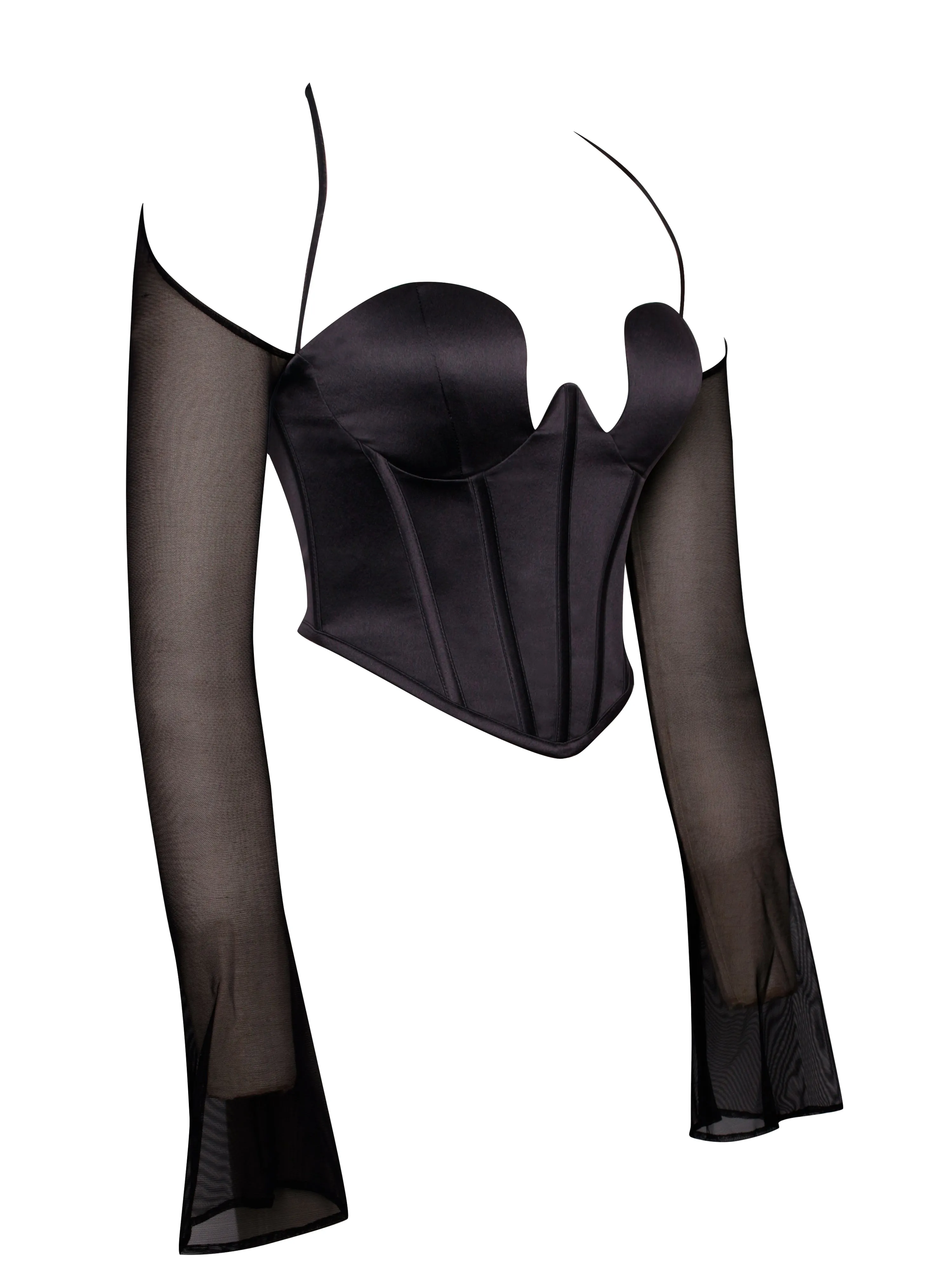Pixie Black Mesh Sleeve Graceful Halter Corset Satin Top