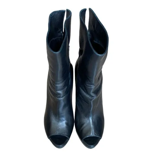 PRADA Black Leather Peep Toe Platform Heeled Ankle Boots, Size 37.5