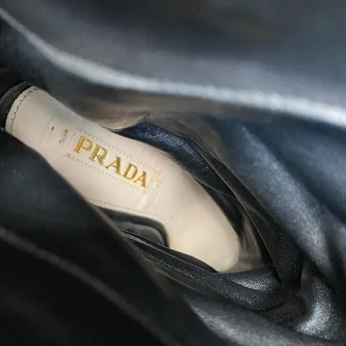 PRADA Black Leather Peep Toe Platform Heeled Ankle Boots, Size 37.5
