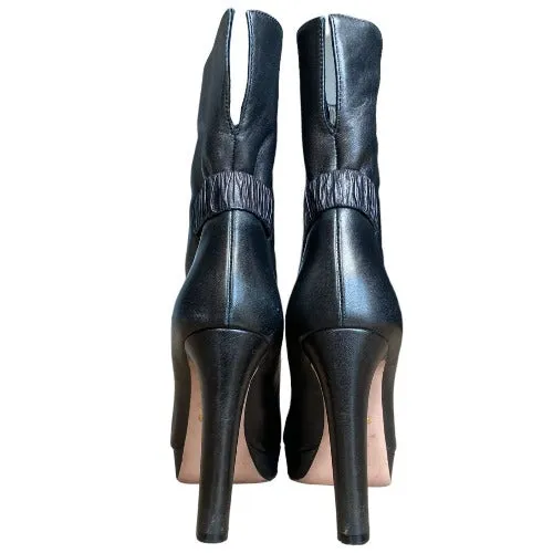 PRADA Black Leather Peep Toe Platform Heeled Ankle Boots, Size 37.5