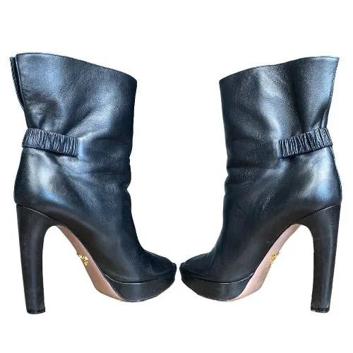 PRADA Black Leather Peep Toe Platform Heeled Ankle Boots, Size 37.5