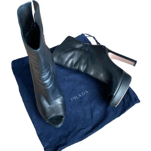 PRADA Black Leather Peep Toe Platform Heeled Ankle Boots, Size 37.5