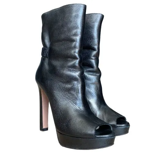 PRADA Black Leather Peep Toe Platform Heeled Ankle Boots, Size 37.5