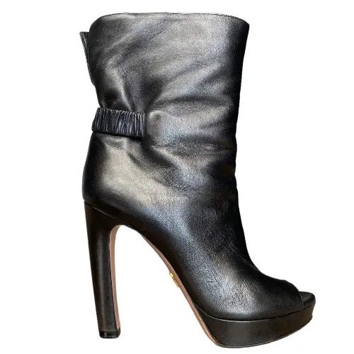 PRADA Black Leather Peep Toe Platform Heeled Ankle Boots, Size 37.5