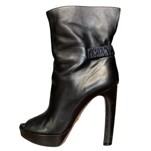 PRADA Black Leather Peep Toe Platform Heeled Ankle Boots, Size 37.5
