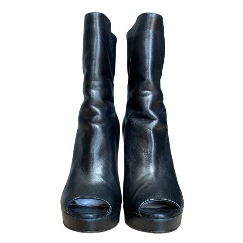 PRADA Black Leather Peep Toe Platform Heeled Ankle Boots, Size 37.5