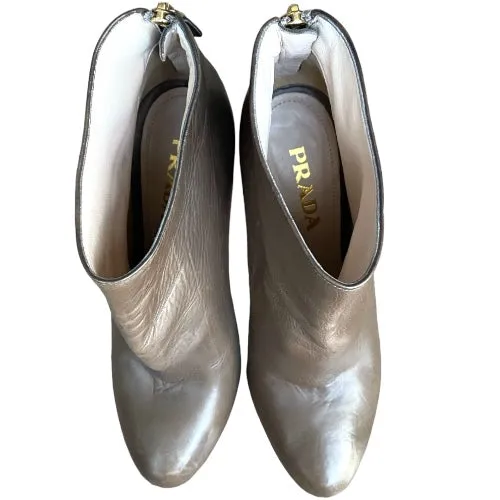 PRADA Taupe Leather Hidden Platform Ankle Booties, Size 36