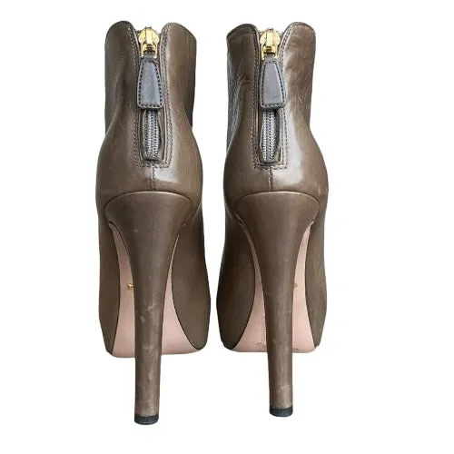 PRADA Taupe Leather Hidden Platform Ankle Booties, Size 36