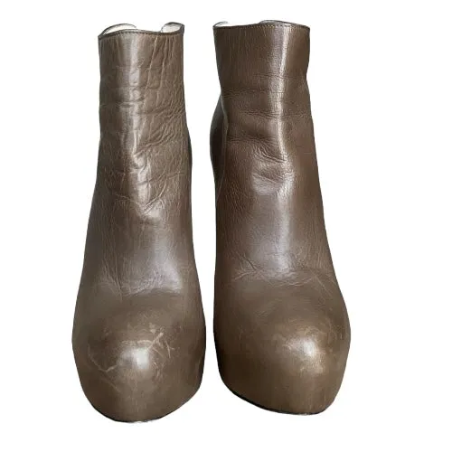 PRADA Taupe Leather Hidden Platform Ankle Booties, Size 36