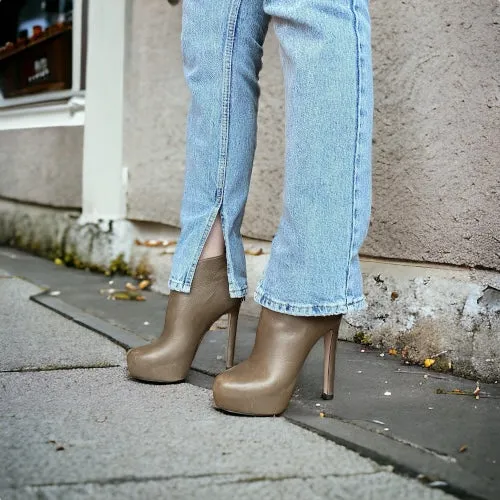 PRADA Taupe Leather Hidden Platform Ankle Booties, Size 36