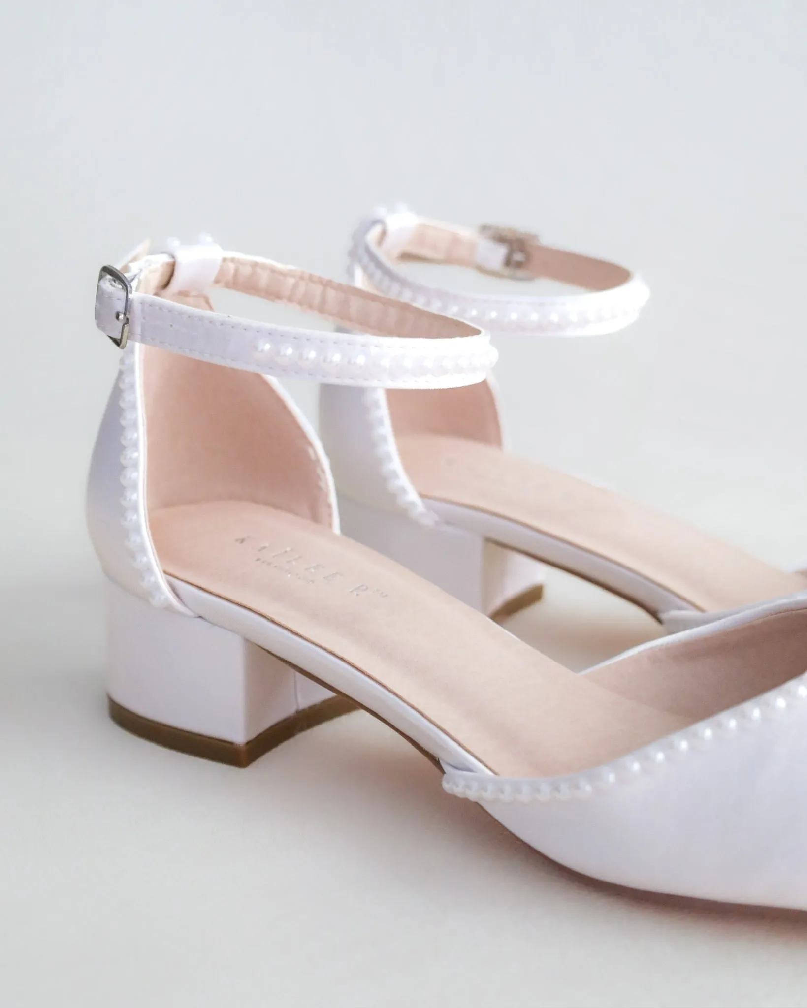 Round Toe Satin Block Heel with Mini Pearls