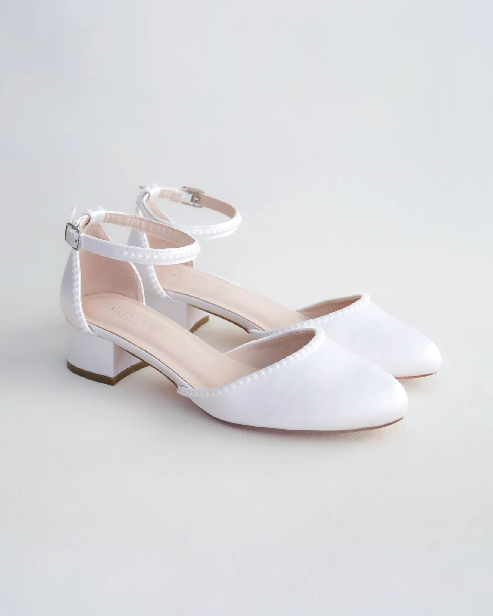 Round Toe Satin Block Heel with Mini Pearls