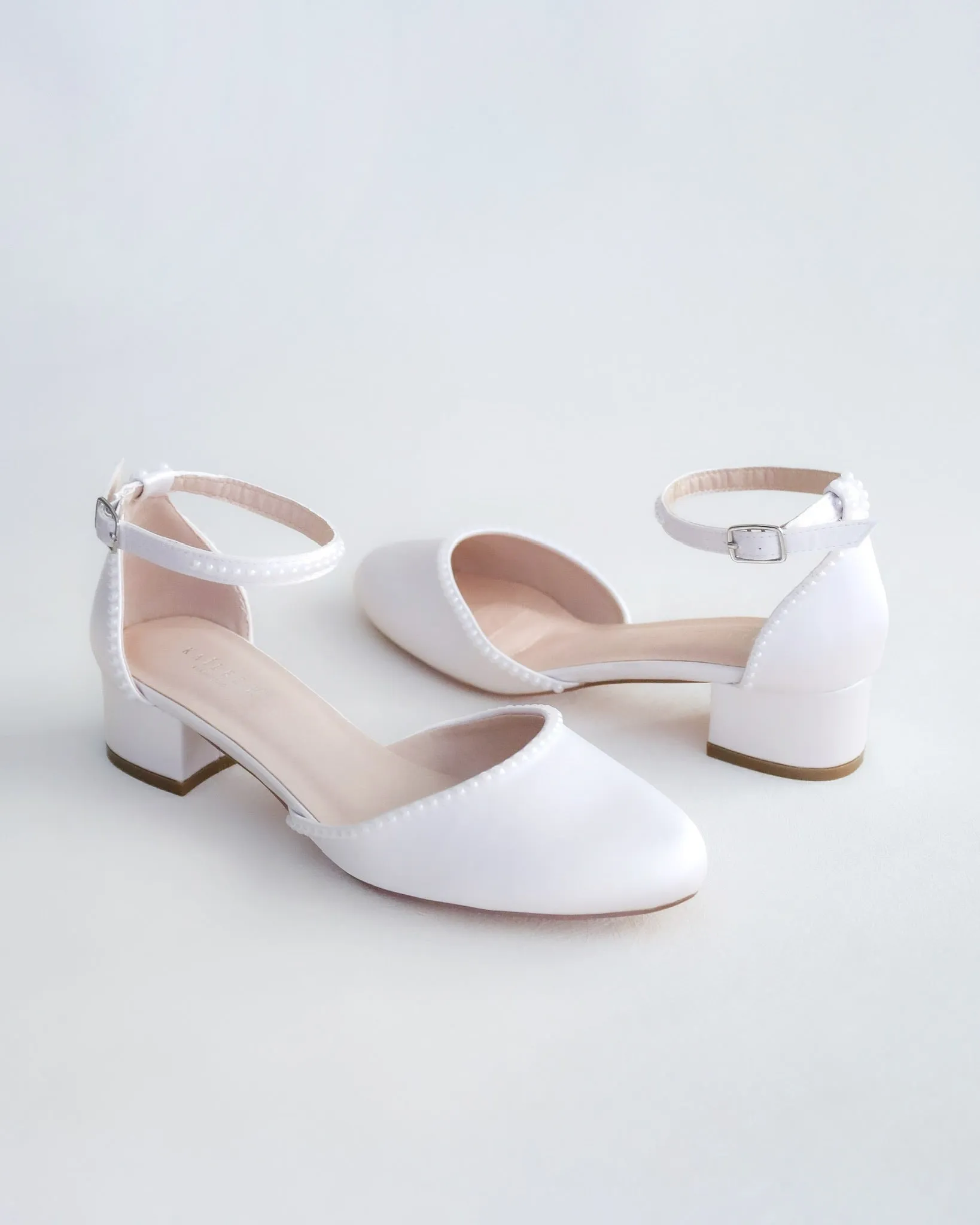 Round Toe Satin Block Heel with Mini Pearls