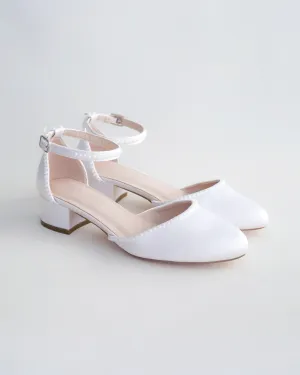 Round Toe Satin Block Heel with Mini Pearls