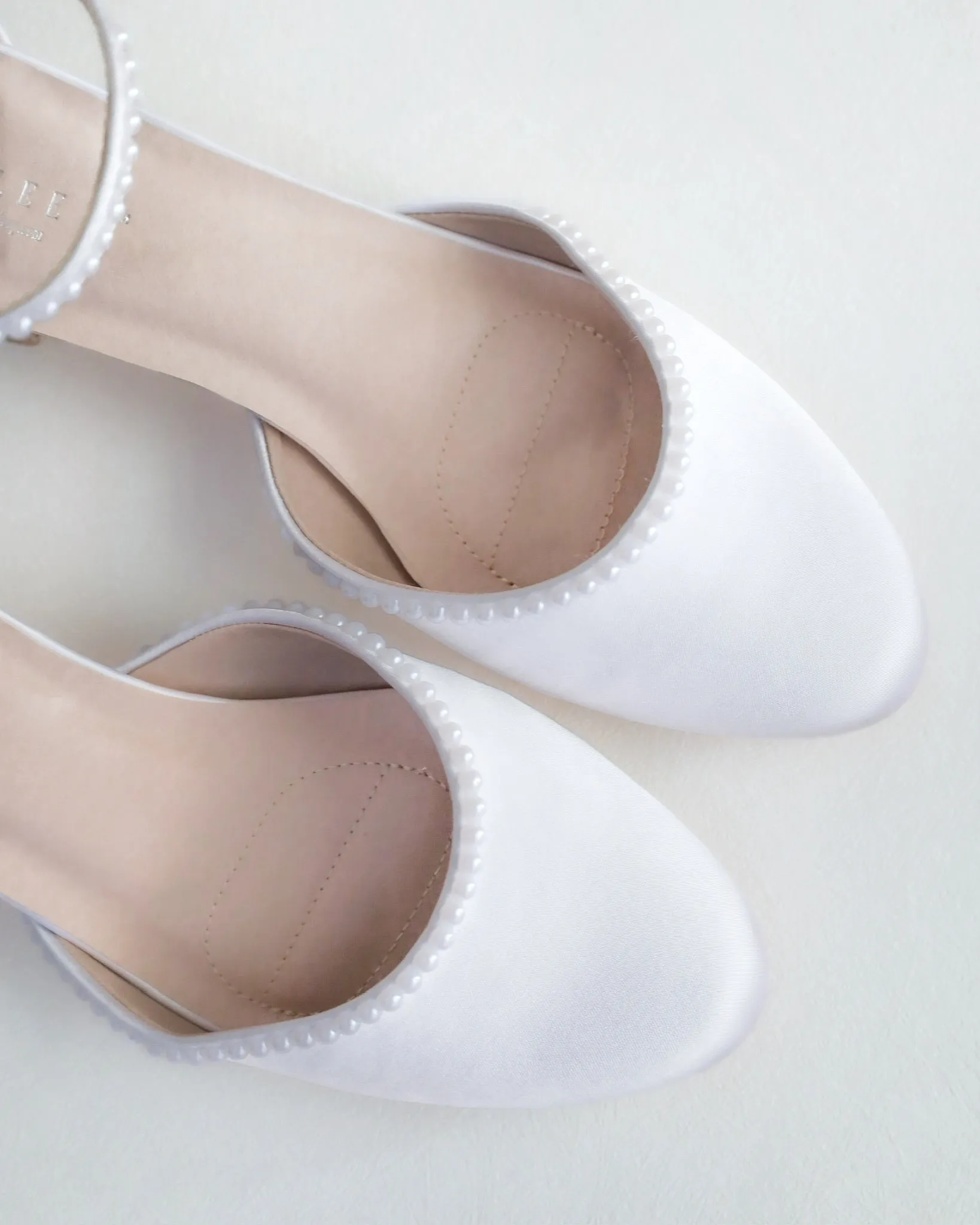 Round Toe Satin Block Heel with Mini Pearls