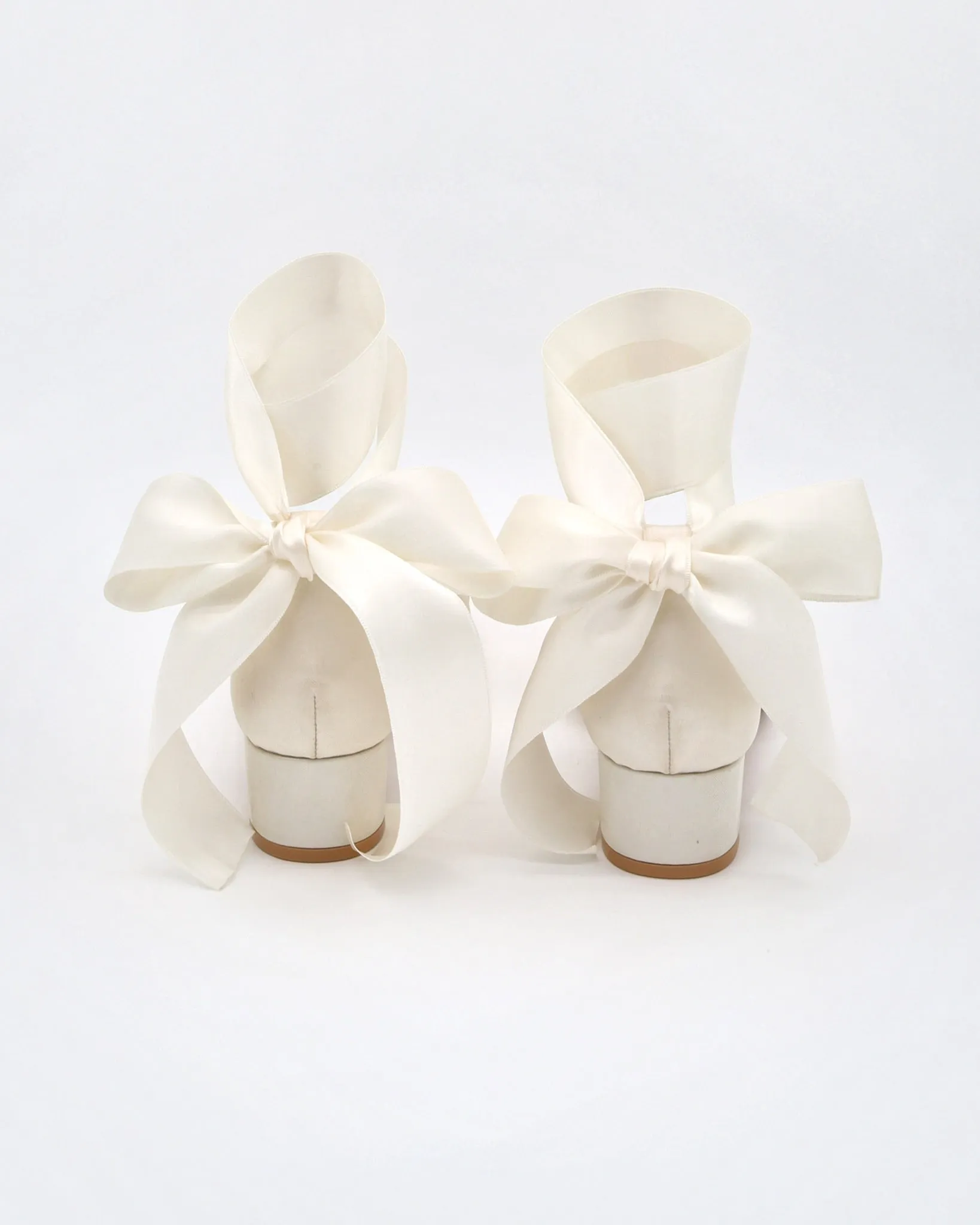 Satin Pointy Toe Low Block Heels Wedding Shoes with Wrapped Ribbon Tie