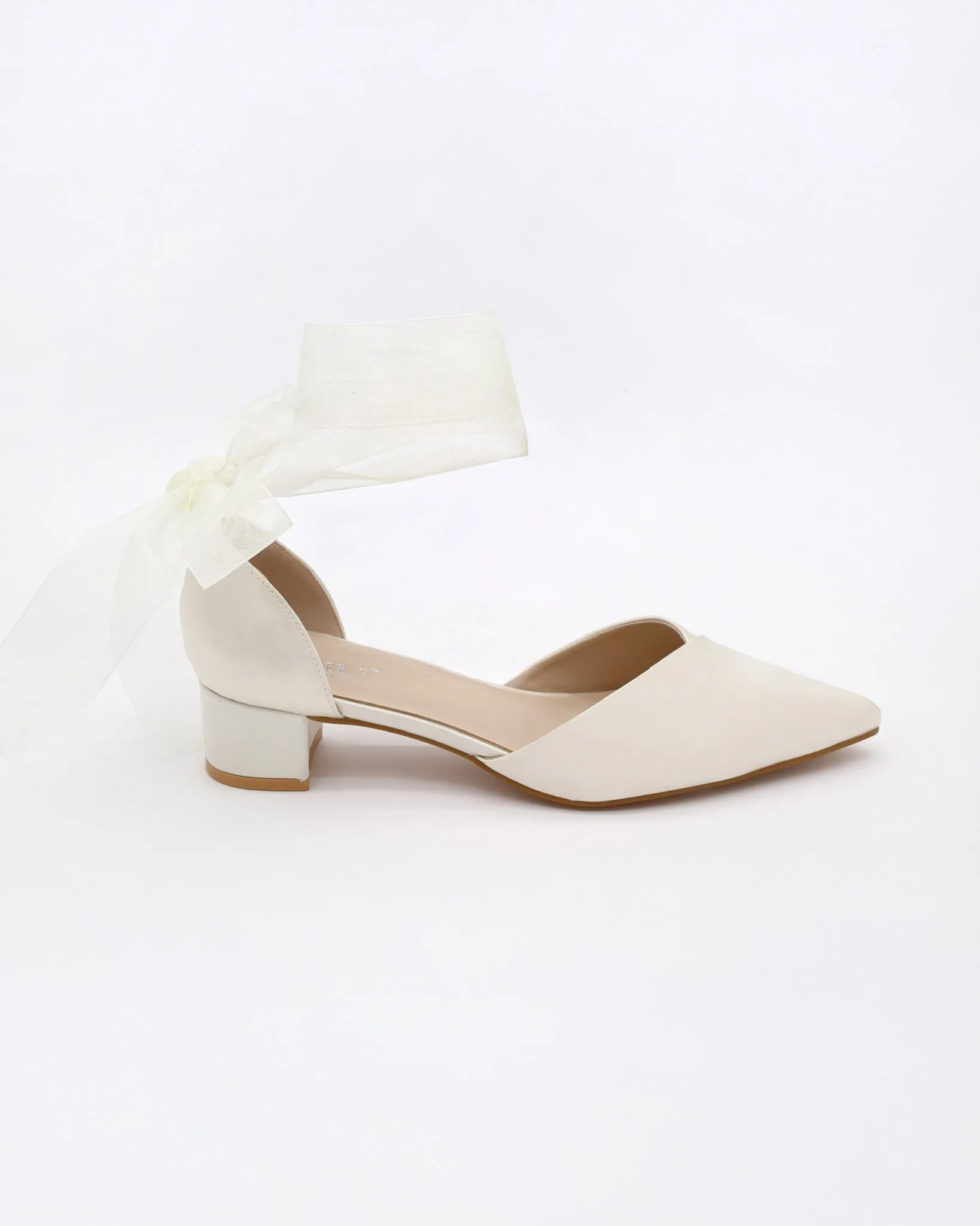 Satin Pointy Toe Low Block Heels Wedding Shoes with Wrapped Ribbon Tie