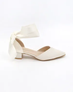 Satin Pointy Toe Low Block Heels Wedding Shoes with Wrapped Ribbon Tie