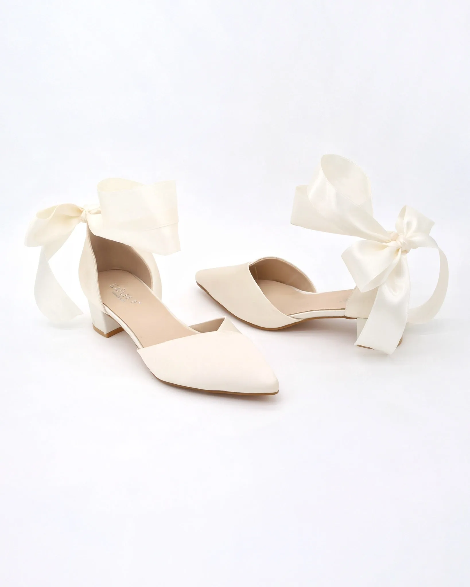 Satin Pointy Toe Low Block Heels Wedding Shoes with Wrapped Ribbon Tie