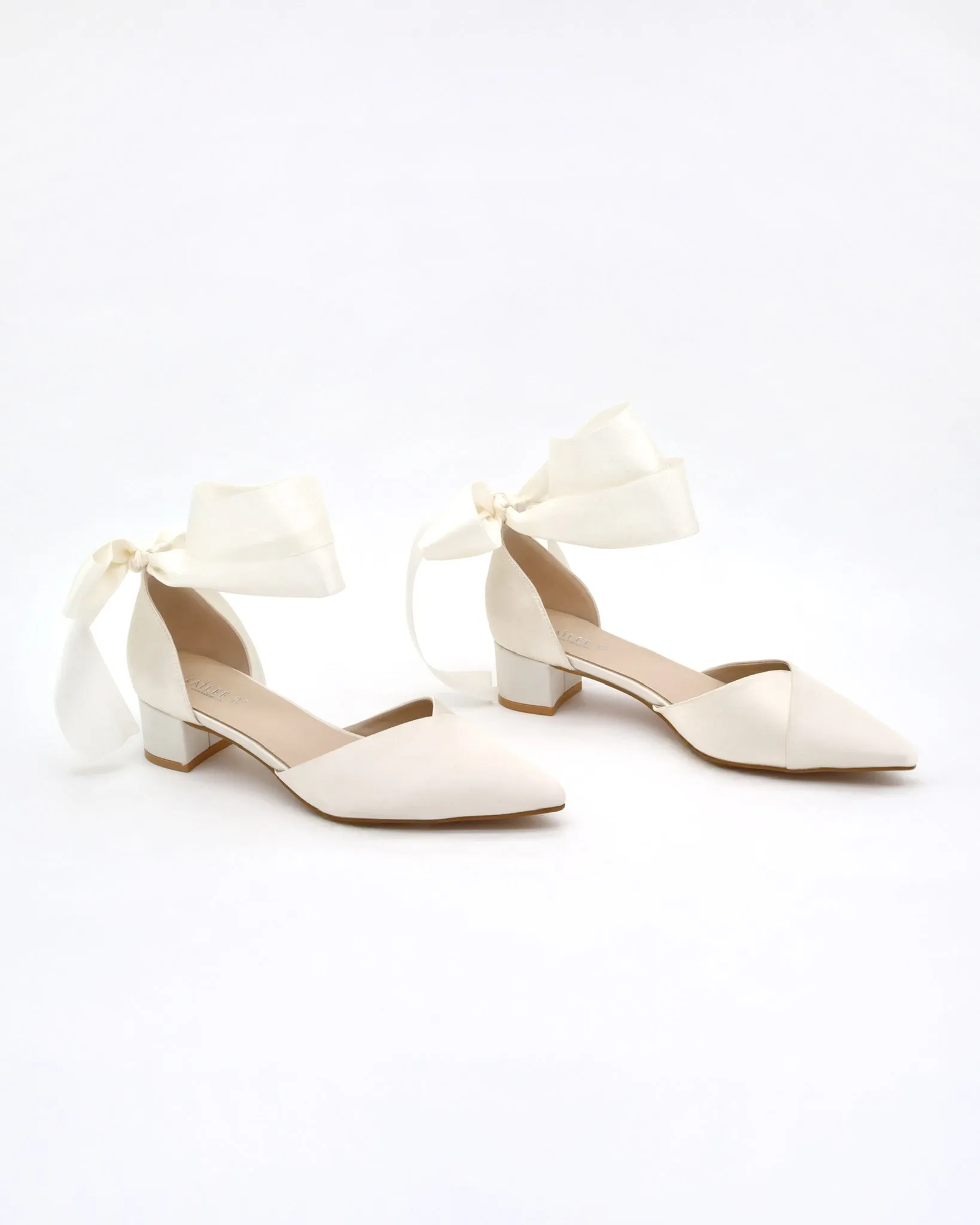 Satin Pointy Toe Low Block Heels Wedding Shoes with Wrapped Ribbon Tie